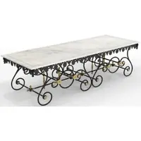 Casa Padrino Jugendstil Gartentisch Weiß / Schwarz / Messing 270 x 100 x H. 75 cm - Nostalgischer Schmiedeeisen Garten & Terrassen Tisch mit Marmorplatte - Jugendstil Garten & Terrassen Möbel