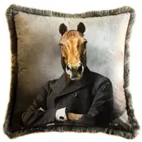 Casa Padrino Luxus Deko Kissen Gentleman Pferd Mehrfarbig 45 x 45 cm - Bedrucktes Samt Kissen mit Fransen - Luxus Deko Accessoires