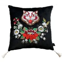 Casa Padrino Luxus Deko Kissen mit Troddeln Cat Schwarz / Weiß 45 x 45 cm - Feinster Samtstoff - Wohnzimmer Kissen