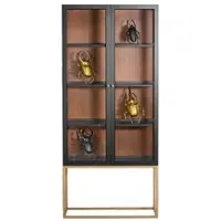 Casa Padrino Luxus Vitrine mit LED Beleuchtung Matt Schwarz / Messing / Matt Cognac 90 x 40 x H. 200 cm - Beleuchteter Massivholz Vitrinenschrank mit 2 Glastüren - Wohnzimmer Möbel - Luxus Möbel