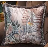 Casa Padrino Luxus Deko Kissen Pflanzen & Vögel Mehrfarbig 45 x 45 cm - Bedrucktes Samt Kissen mit Fransen - Luxus Kollektion