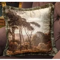 Casa Padrino Luxus Deko Kissen Landschaft Mehrfarbig / Grün 45 x 45 cm - Bedrucktes Samt Kissen mit Fransen - Luxus Kollektion