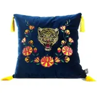 Casa Padrino Luxus Deko Kissen mit Troddeln Tiger Blau / Mehrfarbig 45 x 45 cm - Feinster Samtstoff - Luxus Qualität