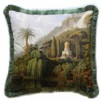 Casa Padrino Luxus Deko Kissen Landschaft Mehrfarbig / Grün 45 x 45 cm - Bedrucktes Samt Kissen mit Fransen - Luxus Deko Accessoires