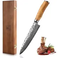 Zayiko Minami Damast Guyto Chefmesser 20 cm Klinge I Olivenholzgriff I Holzbox