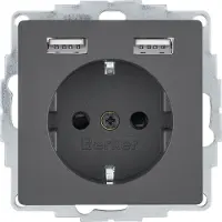 Berker 48036086, Type F + 2 x USB A, USB 2.0, Anthrazit, Thermoplast, IP20, 250 V