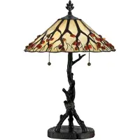 QUOIZEL Elstead Whispering Tischlampe E27 2-fach Valiant Bronze und Kunstglas-Schirm Tiffanyglas cremeweiß