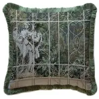 Casa Padrino Luxus Barock Deko Kissen Skulptur Grau / Braun / Grün 45 x 45 cm - Bedrucktes Samt Kissen mit Fransen - Luxus Barock Deko Accessoires