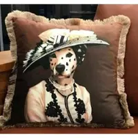 Casa Padrino Luxus Deko Kissen Dalmatiner Lady Mehrfarbig / Braun 45 x 45 cm - Bedrucktes Samt Kissen mit Fransen - Luxus Qualität