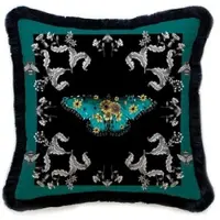 Casa Padrino Luxus Deko Kissen Schmetterling & Blumen Mehrfarbig / Schwarz 45 x 45 cm - Bedrucktes Samt Kissen mit Fransen - Luxus Deko Accessoires