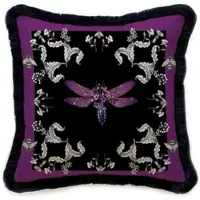 Casa Padrino Luxus Deko Kissen Libelle & Blumen Lila / Grau / Schwarz 45 x 45 cm - Bedrucktes Samt Kissen mit Fransen - Luxus Deko Accessoires