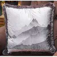 Casa Padrino Luxus Deko Kissen Gebirge mit See Grau 45 x 45 cm - Bedrucktes Samt Kissen mit Fransen - Wohnzimmer Deko Accessoires