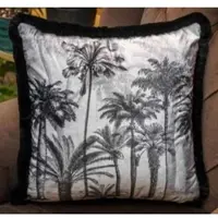 Casa Padrino Luxus Deko Kissen Palmen Design Grau / Schwarz 45 x 45 cm - Bedrucktes Samt Kissen mit Fransen - Deko Accessoires