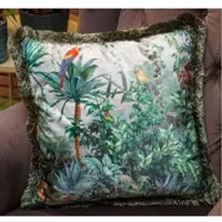 Casa Padrino Luxus Deko Kissen Dschungel & Papageien Mehrfarbig / Grün 45 x 45 cm - Bedrucktes Samt Kissen mit Fransen - Wohnzimmer Deko Accessoires