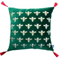 Casa Padrino Luxus Deko Kissen mit Troddeln Bees Grün / Rot 45 x 45 cm - Feinster Samtstoff - Luxus Deko Accessoires