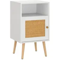 Costway Rattan-Nachttisch, Nachttisch aus Holz mit offenem Regal und Tür, Sofatisch