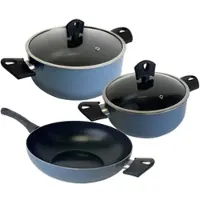 San Ignacio Noia - Set aus 2 Stielkasserollen (Ø 20/Ø 24cm) mit Deckel und Wok (Ø 30cm) aus gepresstem Aluminium, blau