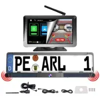 Lescars Kabelloses Solar-Funk-Rückfahrkamera-Set, CarPlay-/Android-Auto-komp.
