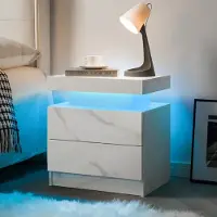 OKWISH Nachttisch aus Holzwerkstoff in Mattweiß mit LED-Beleuchtung, 2 Schubladen und offenem Fach
