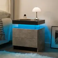 OKWISH Nachttisch aus Holzwerkstoff in Grau mit LED-Beleuchtung, 2 Schubladen, offenem Fach und einfacher Montage