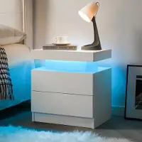 OKWISH Nachttisch Holzwerkstoff Weiß mit LED-Beleuchtung, 2 Schubladen und offenem Fach, modern und platzsparend