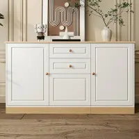 MODFU Sideboard Spanplatte Weiß/Holzoptik 135,5x39x76 cm mit 3 Türen, 2 Schubladen und verstellbaren Einlegeböden