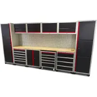 HBM Professionelles Werkstattsystem 16-teilig, Stahl/Wood-Arbeitsplatte, schwarz/blau, 405 x 51 x 204 cm