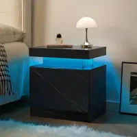 STILVORA Nachttisch Holzwerkstoff Schwarz-Gold mit LED, 2 Schubladen, leicht montierbar
