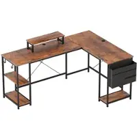 MODFU Eckschreibtisch L Form 240x48x90 cm umstellbar mit Monitorständer Ablagen Kabeldurchführungen Tasche Haken Braun Holz Metallrahmen