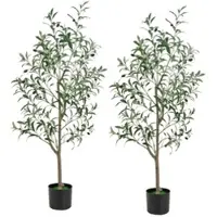 Costway Set of 2 Artificial Olive Trees, Artificial Plant 130 cm, Indoor Plant with Cement Pot & Natural Leaves & Fruits
