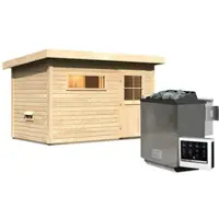 Karibu Saunahaus "Ondo 1" SET naturbelassen mit Ofen 9 kW Bio ext. Strg, Kabel, Dachfolie, Fenster