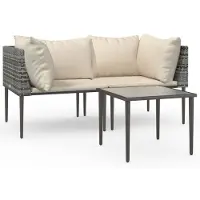 vidaXL 3-tlg. Garten-Lounge-Set mit Kissen Grau Poly Rattan
