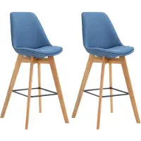 CLP 2er Set Barhocker Metz Stoff mit Rückenlehnen und Fußstütze | Farbe blau Gestell Farbe natur