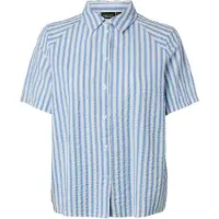 Pieces Hemdbluse "PCSTINNA SS SHIRT WVN NOOS BC", Damen, Gr. M, hydrangea stripes:hellweiß, Web, Obermaterial: 100% Baumwolle, gestreift, bequem normal, Blusen Hemdbluse, mit Streifenmuster