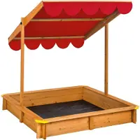 TecTake Sandkasten mit Dach - Holzsandkasten mit praktischem Sitzrand - Kippbares und höhenverstellbares Sonnendach - Inklusive Bodenplane - Maße (LxBxH) 120 x 120 x 120 cm - Rot