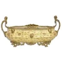 Casa Padrino Jugendstil Blumenschale Beige / Messingfarben 45 x 23,7 x H. 5,3 cm - Porzellan Pflanzenschale - Barock & Jugendstil Deko Accessoires