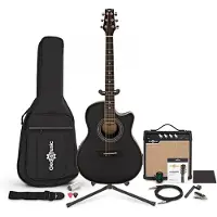 Gear4Music Roundback-Elektroakustikgitarre Schwarz mit Komplettpaket