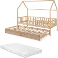 En.casa Doppel-Kinderbett ’Aarghonmaa‘ in Hausoptik 90 x 200 cm mit 1 Matratze Ausziehbett inkl. Rausfallschutz und 2 Schubladen Kiefernholz Natur