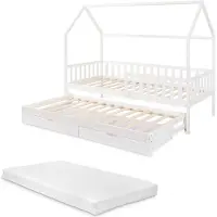 En.casa Doppel-Kinderbett ’Aarghonmaa‘ in Hausoptik 90 x 200 cm mit 1 Matratze inkl. Ausziehbett Rausfallschutz und 2 Schubladen Kiefernholz Weiß