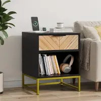 STILVORA Nachttisch MDF Schwarz/Natur 43x40x55 cm mit Schublade und offenem Fach