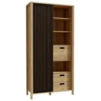 Forte JYTANA Schrank 100 105, skandinavischer Schrank mit 3 Schubladen, 2 Türen und 3 Regalfächern, Mauvella Eiche Holzdekor / Schwarz, 103,4 cm breit x 200,3 cm hoch x 40,2 cm tief