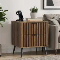 OKWISH Nachttisch aus MDF in Walnussoptik mit Metallbeinen, 45x40x53 cm, 2 Schubladen, Kippsicherung