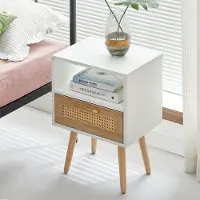 OKWISH Beistelltisch MDF Weiß/Natur mit Rattangeflecht, 1 Schublade, Massivholzbeine, leicht zu reinigen