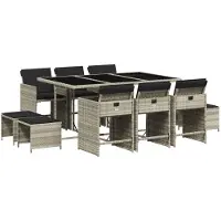 vidaXL 11-tlg. Garten-Essgruppe mit Kissen Hellgrau Poly Rattan