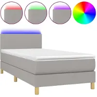 Syfax Boxspringbett, Einzeltaschenfederkernmatratze, höhenverstellbares Kopfteil, LED-Streifen, Stoff, 90x200 cm, Hellgrau