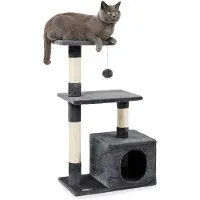 Lionto Katzenkratzbaum, 85 cm kompakter Kratz- & Spielbaum mit Höhle, 2 Plateaus, Plüschball & Sisalstämmen, mit Wandhalterung, dunkelgrau