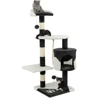 Lionto Kratzbaum für Katzen 112 cm hoch, mit Höhle, Sisalseil, Plüschbällen & Wandhalterung, kompakter Kletterbaum, schwarz/weiß