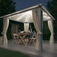 vidaXL "2026 Promotion" Pavillon mit Vorhängen & LED-Lichterkette 300x300 cm Creme Alu - Pavillons & Partyzelte CC3890