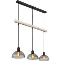 Globo Lighting Hängeleuchte Metall schwarz matt, Holz naturfarben, Glas rauchfarben, Kabel PVC schwarz, Höhe kürzbar, LxBxH: 800x200x1200mm, exkl. 3x E27 15W 230V
