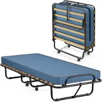Costway Gästebett 80x190cm mit Matratze aus Rückstellschaum, Einzelbett klappbar auf Rädern, Metallbett Klappbett bis 130kg belastbar Blau